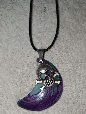 Purple & Teal Crescent Stone Skull  Pendant Necklace - Handmade Jewelry